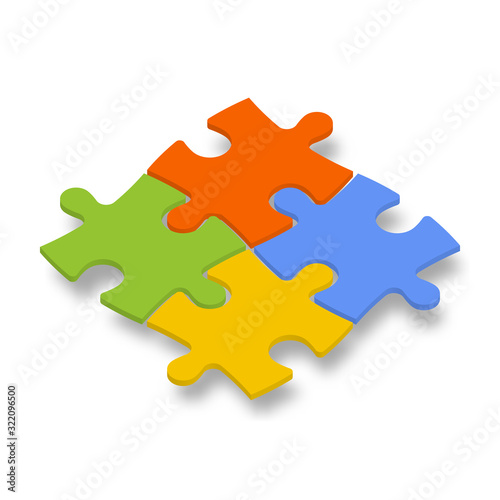 4 colorful jigsaw puzzle pieces. Team cooperation, teamwork or solution business theme. 3D vector illustration with dropped shadow