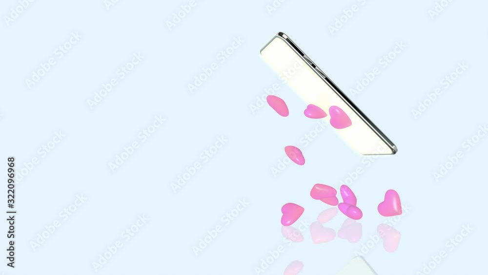 3D hearts are pouring from the phone screen. Modern manifestations of feelings and emotions. Romantic messages in chat or SMS correspondence. Rendering animation of mobile Internet technologies. 3D hearts are pouring from the phone screen. Modern manifestations of feelings and emotions. Romantic messages in chat or SMS correspondence. Rendering animation of mobile Internet technologies.