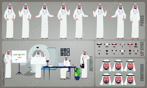 Arab Doctor character Set. Collection of character body Poses, facial gestures, medical activities and Lip syncs poses. Ready-to-use and animate, character set. Vector illustration.