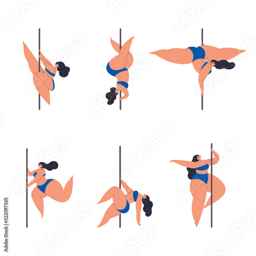 Plus size confident girl dancing on pylon.Elegant women sport in different poses.Love your body.Body positive concept.Flat cartoon character on white background.Colorful vector illustration