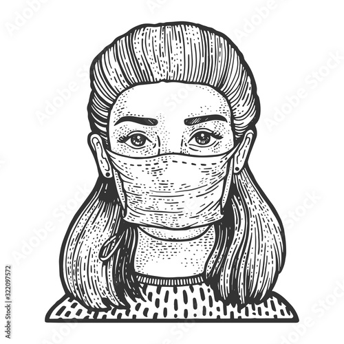 Young woman in medical surgical mask sketch engraving vector illustration. T-shirt apparel print design. Scratch board imitation. Black and white hand drawn image.