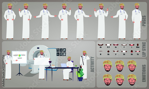 Oman Doctor character Set. Collection of character body Poses, facial gestures, medical activities and Lip syncs poses. Ready-to-use and animate, character set. Vector illustration.