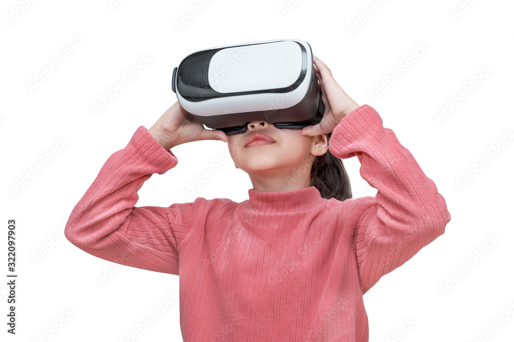 Asian girl touching air during the VR experience isolated on white (clipping path) Asian girl touching air during the VR experience isolated on white (clipping path)