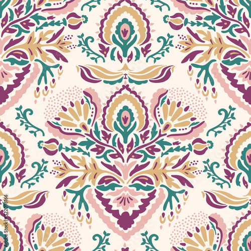 Old indian arabesque damask seamless vector pattern. Ornate spice color marsala red yellow middle eastern style  background. Vintage ethnic decorative floral medallion all over print