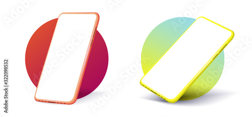 Smartphone frame less blank screen. Mockup generic device. Vector realistic red and green light smartphone template. Smartphones at different angles. Telephone frame with blank display isolated
