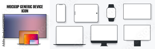 White desktop computer display screen smartphone tablet portable notebook or laptop and tv icon. Outline mockup electronics devices phone monitor lines simple isolated vector set. Mockup device