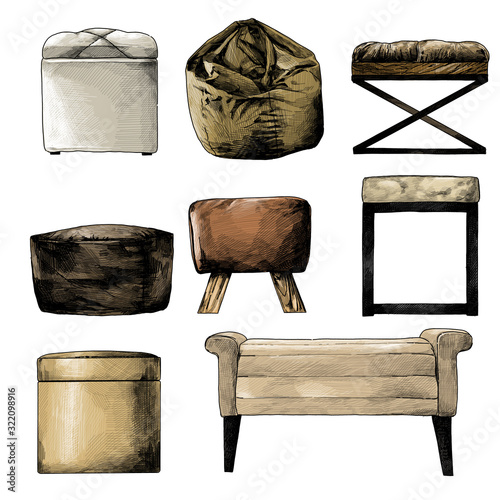 set of seat puffs and bags in the loft style for selecting and composing the interior, sketch vector graphics isolated color illustrations on a white background
