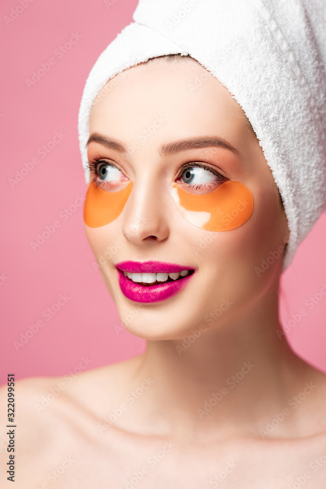 smiling naked girl with eye patches isolated on pink smiling naked girl with eye patches isolated on pink