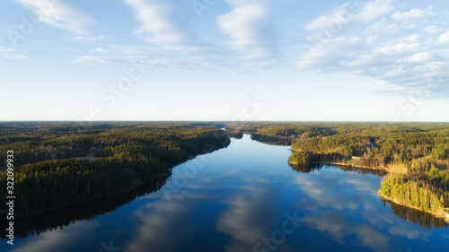 Aerial panoramic landscape view of a beautiful huge Lake in Nuuksio, Finland. National park.