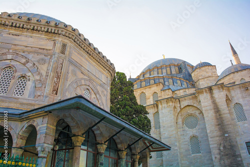 The 16th century Tomb of Hurrem Sultan in the grounds of Suleymaniye mosque in Istanbul, Turkey. Suleymaniye can be seen looming in the background