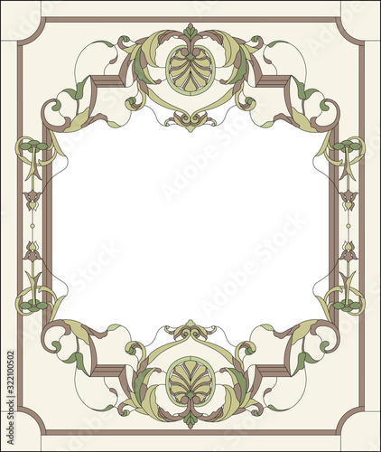 Stained-glass window decoration panel in a rectangular frame, abstract floral arrangement of buds and leaves in the baroque style. Stained glass colorful vector.