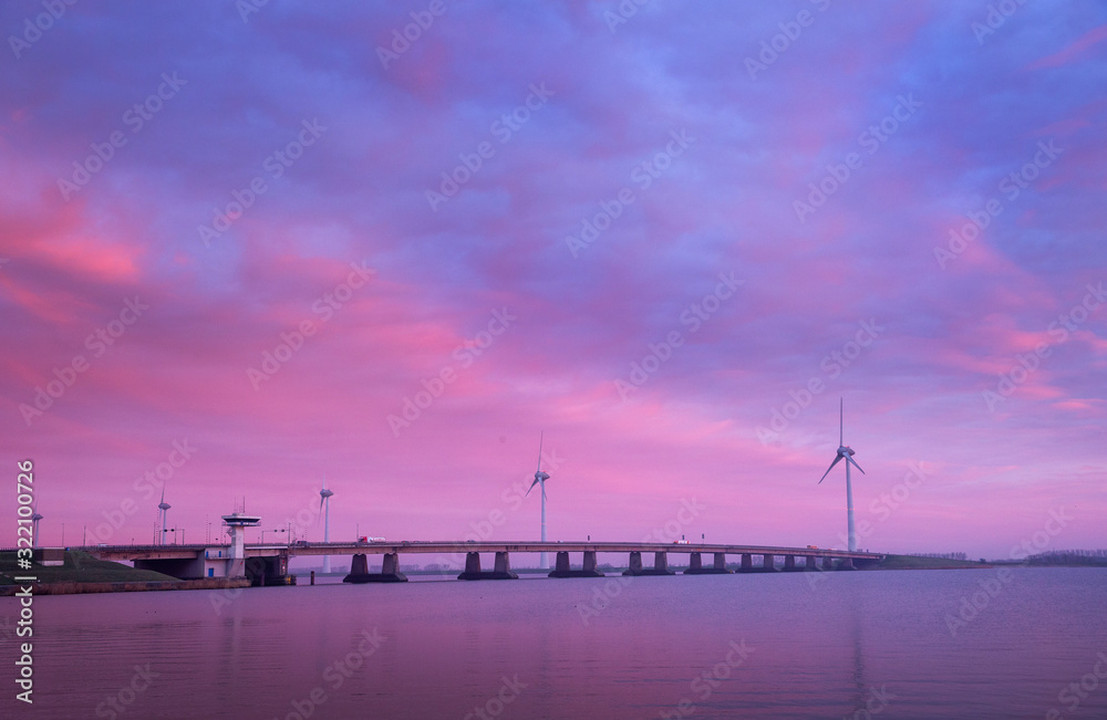 Sunrise at Ketelmeer Netherlands. Bridge. Zuiderzee. Ketelbrug.
