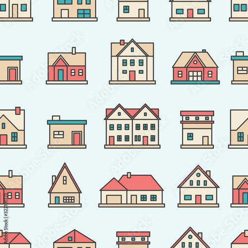 Real estate. Different buildings, houses. Minimalistic outline icons. Colored graphic vector seamless pattern. Cartoon style, simple flat design. Trendy illustration. Blue background