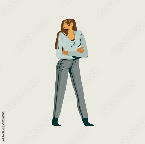 Hand drawn vector stock abstract graphic Valentines day illustration with young sad girl isolated on white background