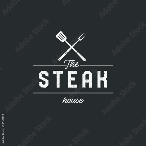 Steak house set logo with grill, steak, knife, meat, wine and beer. A restaurant. Steak cafe. Vector illustration.