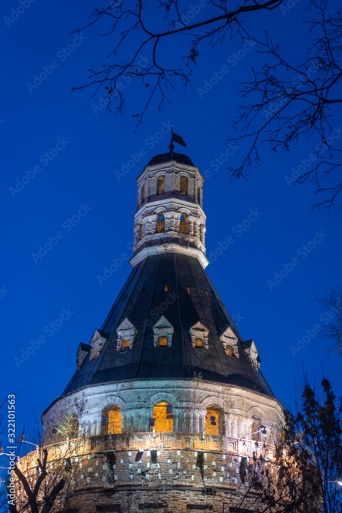 Old Simonov monastery (convent) in Moscow, Russia. The Dulo round tower at night.