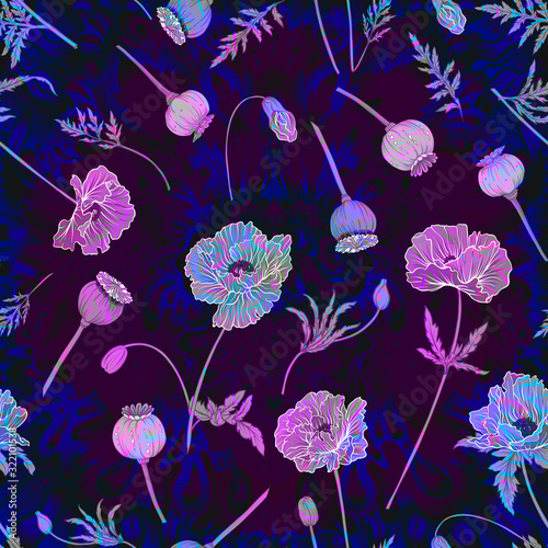 Seamless pattern, background with miraculous, hallucinogenic plants in botanical style in neon colors. Vector illustration