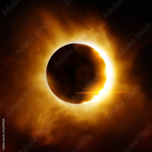 The moon moving infront of the sun creating a total solar eclipse. Ilustration. photo