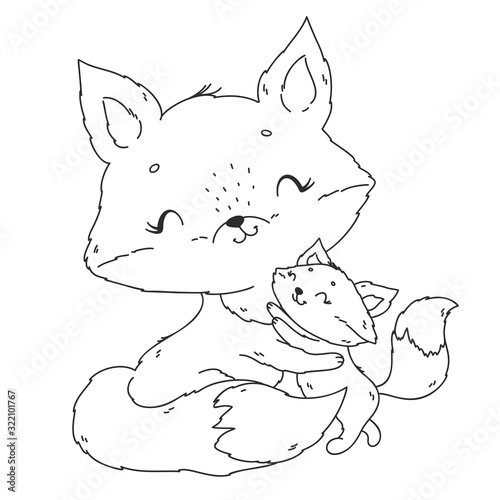 Coloring page with cute fox. Mother and baby