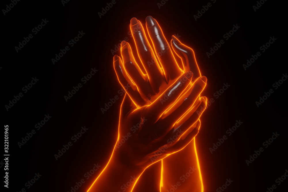 Close up 3D view of hand holding hand raise up with light fire glowing. 3D rendering. Close up 3D view of hand holding hand raise up with light fire glowing. 3D rendering.