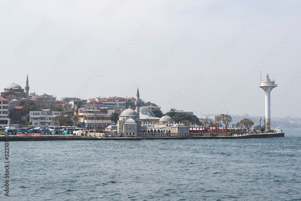 Panorama of the foggy coast of Istanbul from the Bosphorus.