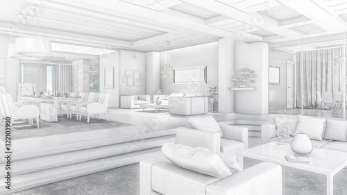 3d illustration of a black and white interior painted as a mockup.