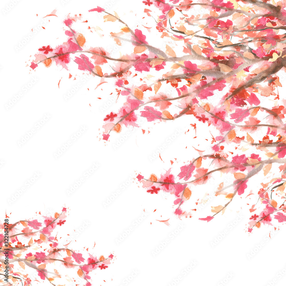 watercolor tree branches in bloom with copy space