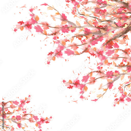 watercolor tree branches in bloom with copy space © anney_lier