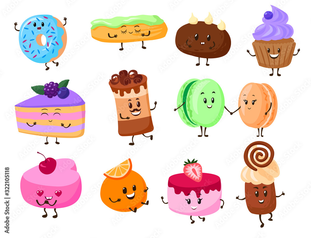 Cake dessert cartoon characters vector illustration. Sweet funny pastry food set. Confectionery products cupcake, macaron and donut standing and dancing isolated on white background.