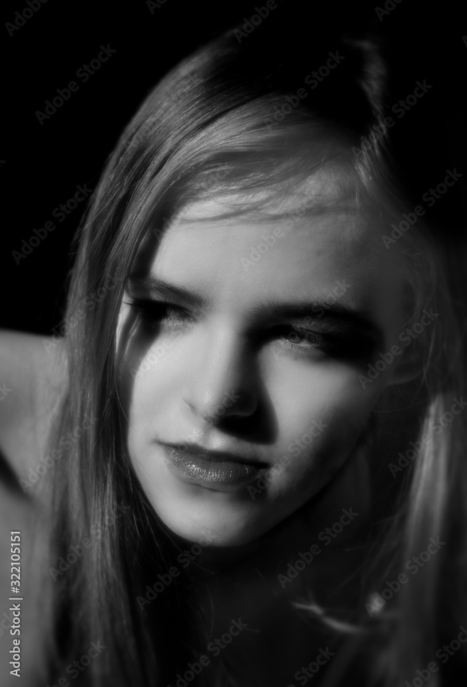Dreamy Portrait of a young girl in hollywood style.Black & white. Dreamy Portrait of a young girl in hollywood style.Black & white.