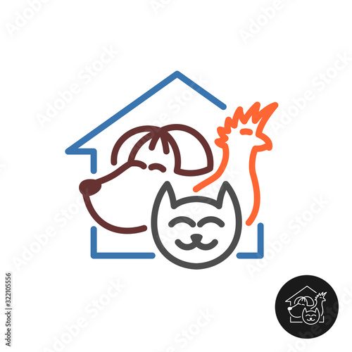 Pet hotel logo. Friend animals in a house. Dog, cat and parrot symbols. Adjustable stroke width.