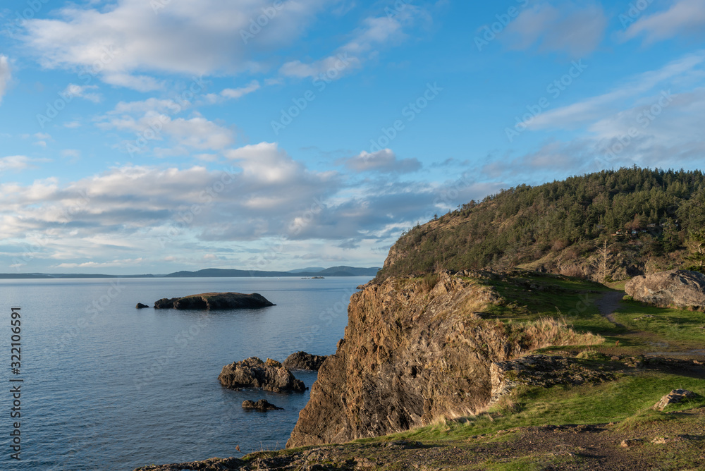 Landscape of large cliff and the Pacific Ocean at Rosario Head on Fidalgo Island in Washington