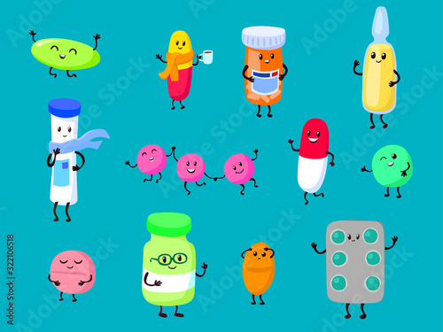 Medicine cute cartoon characters vector illustration. Smiling funny medical items for medication and prevention disease. Collection of isolated dancing and jumping happy pills.