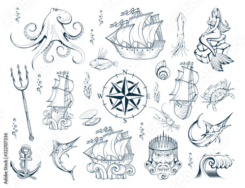 Nautical elements set with sailor sea animals, mermaid, ship, diving helmet, anchor, compass, poseidon, trident and octopus. Set of sea and nautical decoration. Collection marine, maritime or nautical