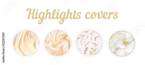Highlights cover big set, Minimal marble texture background collection, story layout, gold frame template, vector badge for shop in social media, luxury design large collection