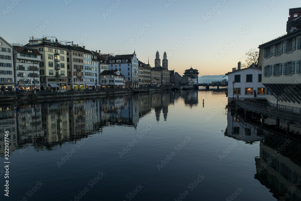 Berlin. Germany, January 2020. The Nuremberg River Channel. Landscape of evening old houses on the water
