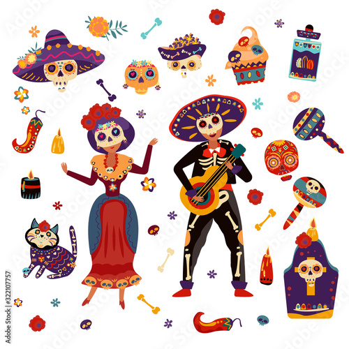 Day of dead festival celebration vector illustration. Mexican woman dancing and man playing guitar in skeleton skull costumes flat isolated on white background.
