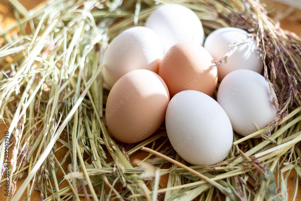 White and brown raw chicken eggs lie in a straw nest