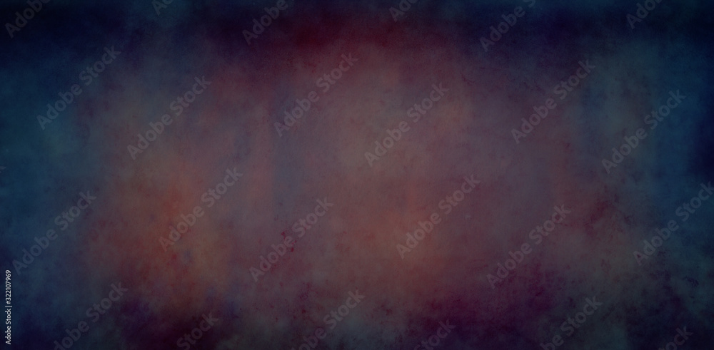 Dark abstract blue red and purple background with old grunge texture and dark cloudy borders in elegant distressed metal or banner illustration