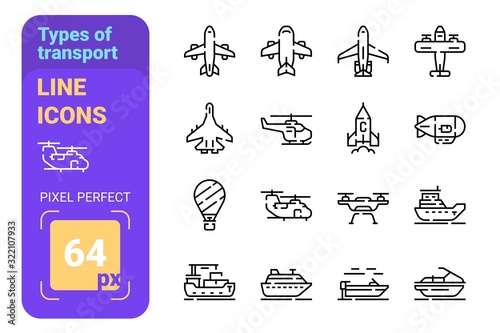 Types of transport line icons set