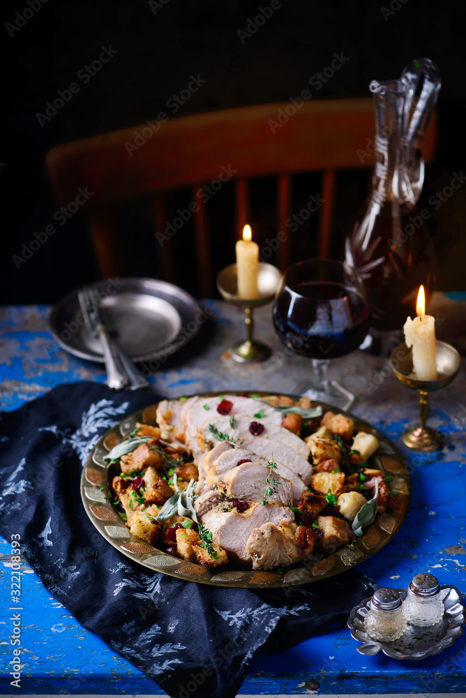 Herb roasted turkey and cranberry stuffing..style rustic. Herb roasted turkey and cranberry stuffing..style rustic.