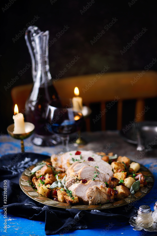 Herb roasted turkey and cranberry stuffing..style rustic.