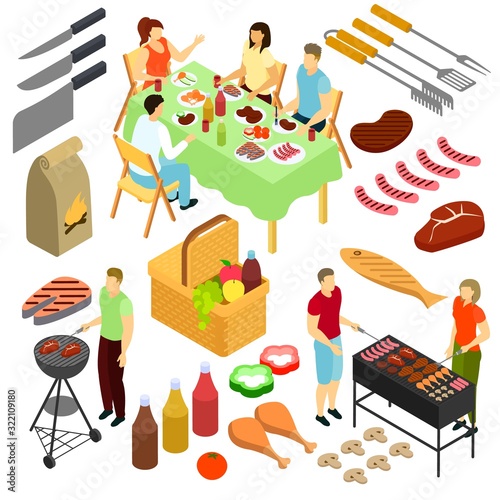 People on picnic vector illustration. Man and woman frying meat and sausages bbq outdoor. Isometric set of food, knifes, barbecue tools and tasty meal isolated on white background.