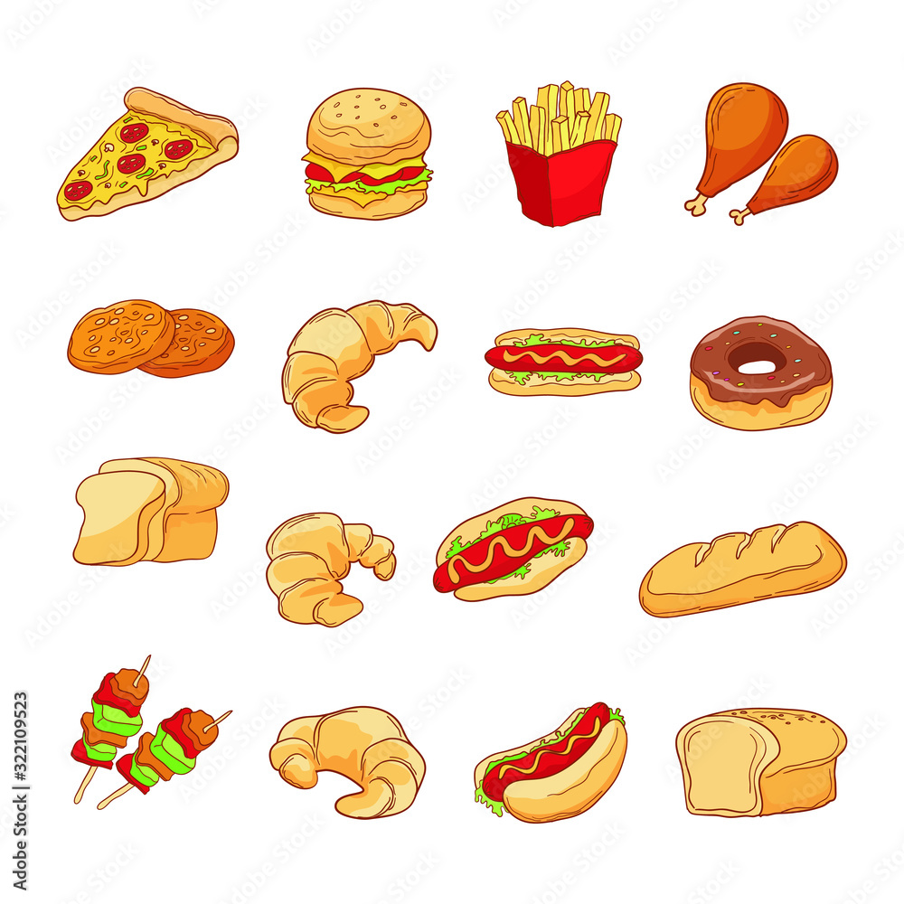 Fast food doodle drawing Vector. such as pizza, burger, Bread and cheese etc. Hand drawn vector doodle illustrations 