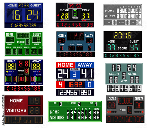 Scoreboard time and clock information displays vector illustration. Score signs sport teams information digital and analog board equipment flat style isolated on white background.
