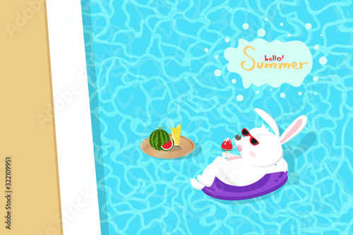 Summer vacation  rabbit cartoon on swimming pool  seasonal holiday  relax time vector illustration