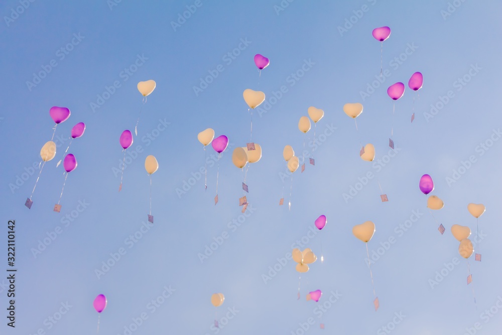 Heart love balloons fly into blue sky with ceremony wishes. Romantic symbol of future partnership. Group of beautiful heart ballons with congratulations cards at wedding party or valentines day Heart love balloons fly into blue sky with ceremony wishes. Romantic symbol of future partnership. Group of beautiful heart ballons with congratulations cards at wedding party or valentines day