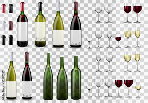 Full and empty wine glasses. Red and white wine bottles.
