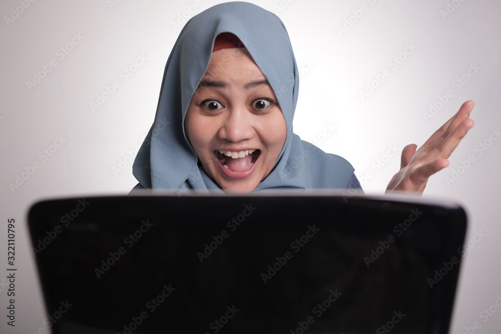 Muslim Woman Working on Laptop Shocked Stunned Excited Gesture Muslim Woman Working on Laptop Shocked Stunned Excited Gesture