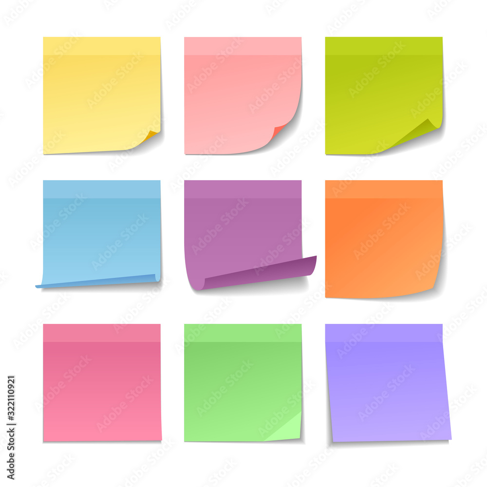 Set of sticky notes isolated on white background. Collection of colorful sheets of note paper. Vector illustration.